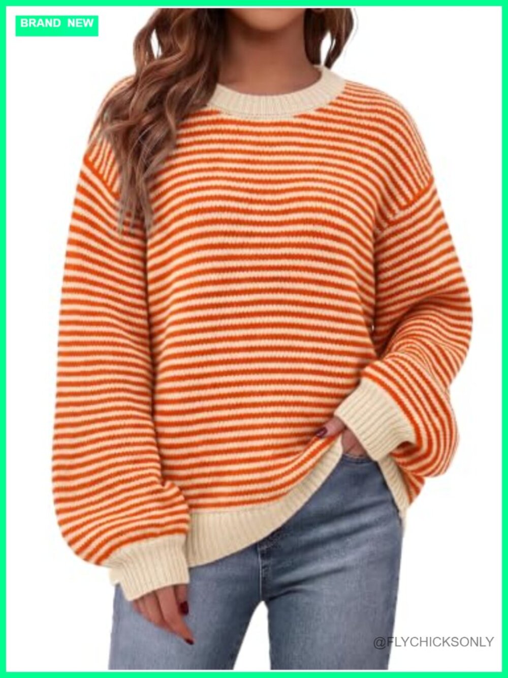 Womens Oversized Striped Knit Sweater Crewneck Pullover Top